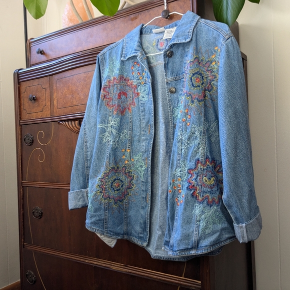 White Stag Jackets & Blazers - Embroidered Abstract Floral Denim Jacket
